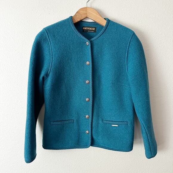 Vintage Geiger Women's Teal 100% Wool Cardigan Sweater Women’s Size 38 Austrian - Picture 1 of 13